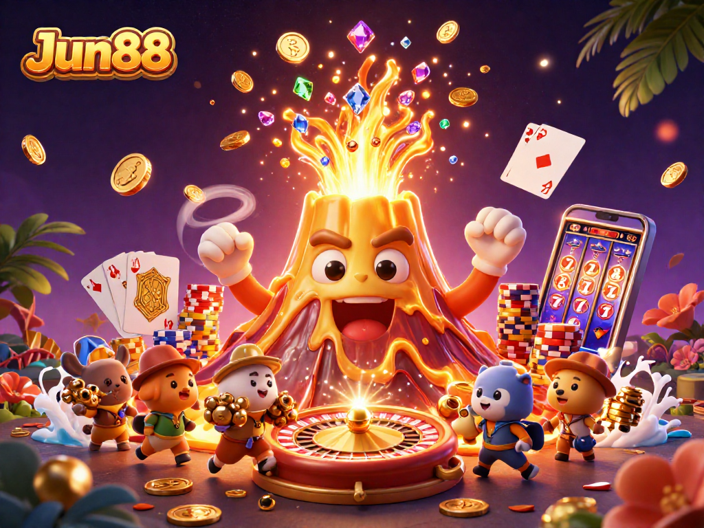 Experience the thrill of Jun88 as a golden volcano erupts treasure with gaming excitement.