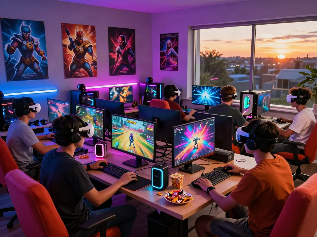 Diverse gamers enjoying porngames in a vibrant gaming room with modern accessories, snacks, and dynamic atmosphere.