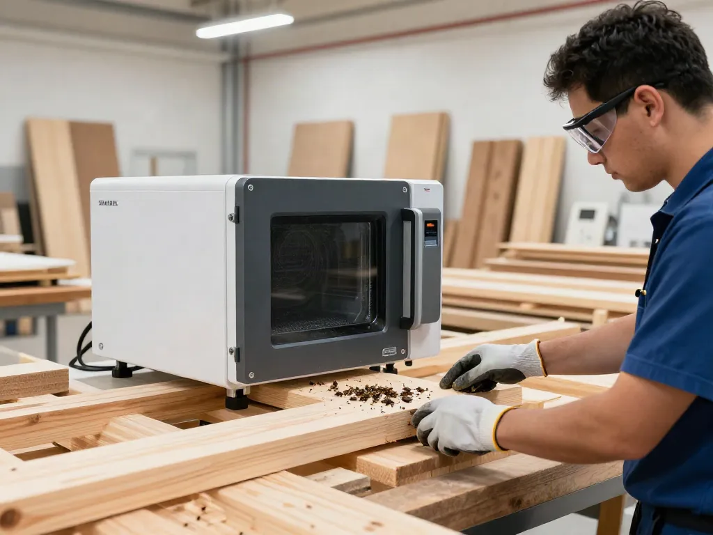 SHASHEL® microwave technology eliminating wood-boring beetles in an industrial workshop.