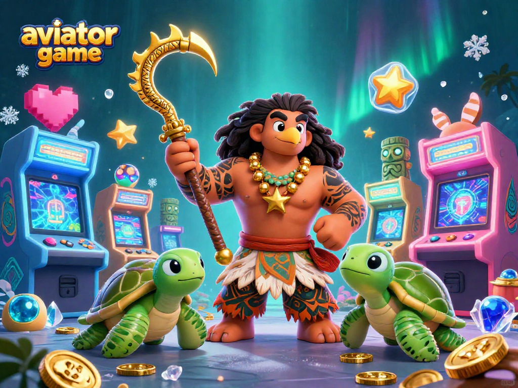 Play the aviator game with vibrant 3D art featuring a Polynesian demigod and gaming elements.