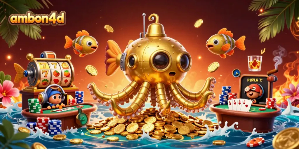 Play slots and poker in an immersive scene featuring ambon4d's golden kraken emerging from coins.