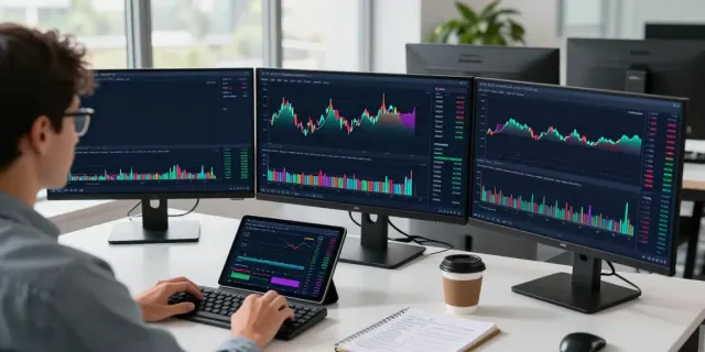 Trader utilizing MetaTrader 5 on multiple screens in a modern office setup