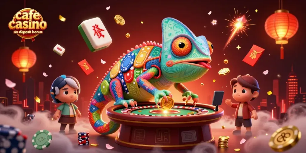 Unleash the thrill of gambling with cafe casino no deposit bonus offers, featuring vibrant chameleon and festive elements.