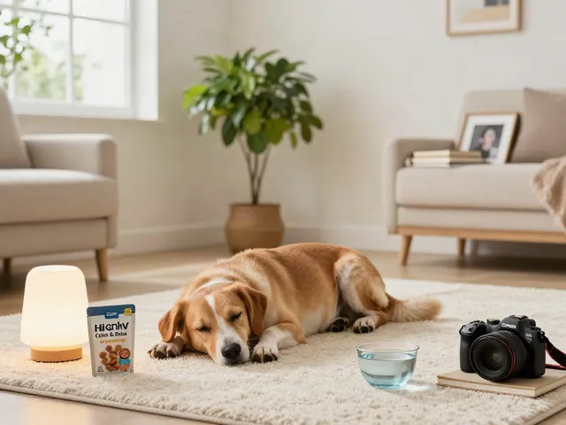 Calming Dog Treats enhancing natural wellness in a peaceful home environment with a relaxed dog.