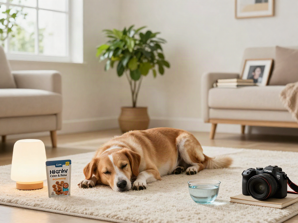 Calming Dog Treats enhancing natural wellness in a peaceful home environment with a relaxed dog.