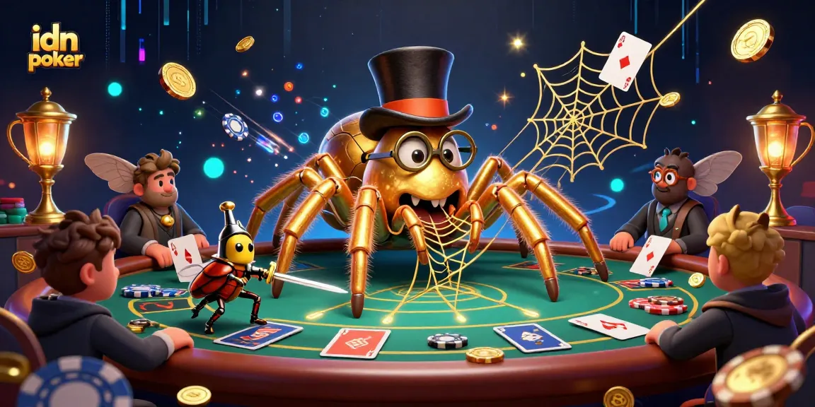 Join the exciting idn poker world where a giant golden tarantula spins a web of poker chips and cards in this dynamic scene.
