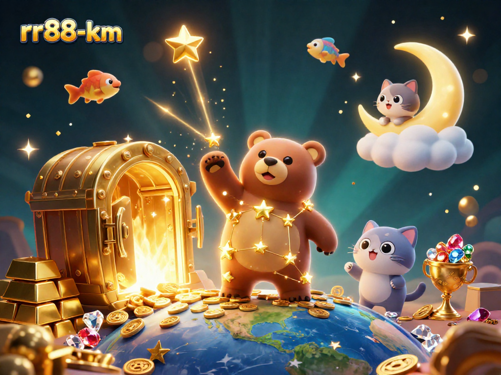 Experience the excitement of rr88-km with golden treasures emerging from a vault as shooting stars swoosh by.