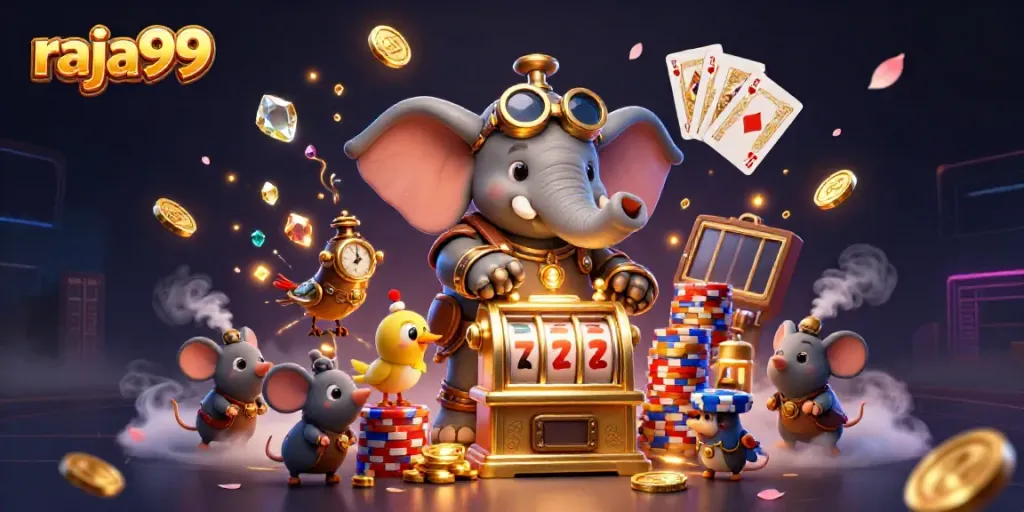 Experience the excitement at raja99 with a whimsical steampunk casino scene featuring dynamic gambling elements.