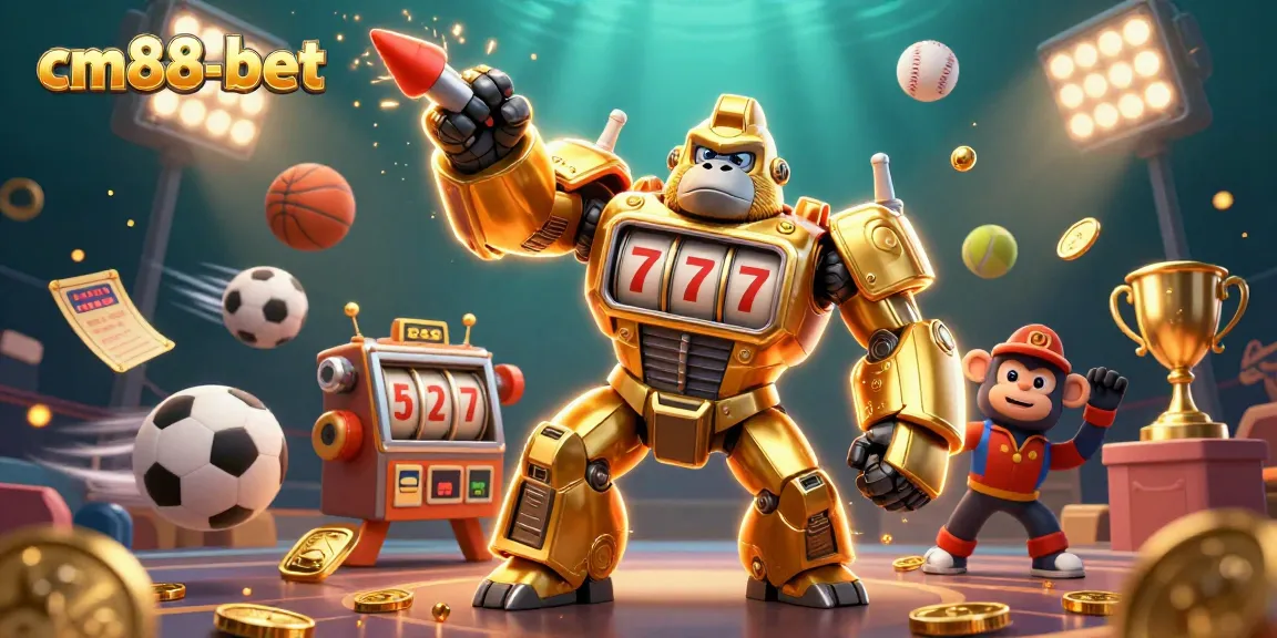 Experience exciting action at cm88-bet with a dynamic 3D illustration of a golden gorilla mech and sports elements.