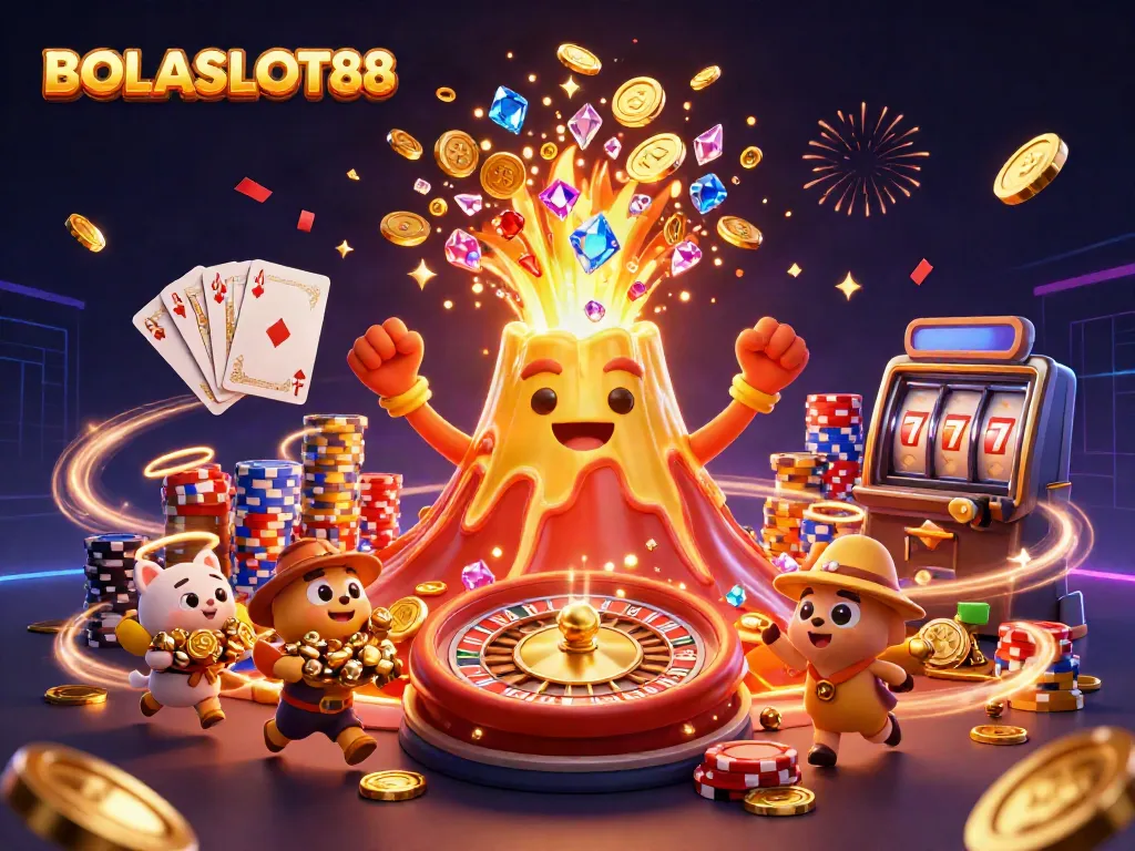 Experience the thrills of BOLASLOT88 with a dynamic 3D illustration featuring a golden volcano erupting coins and gems.