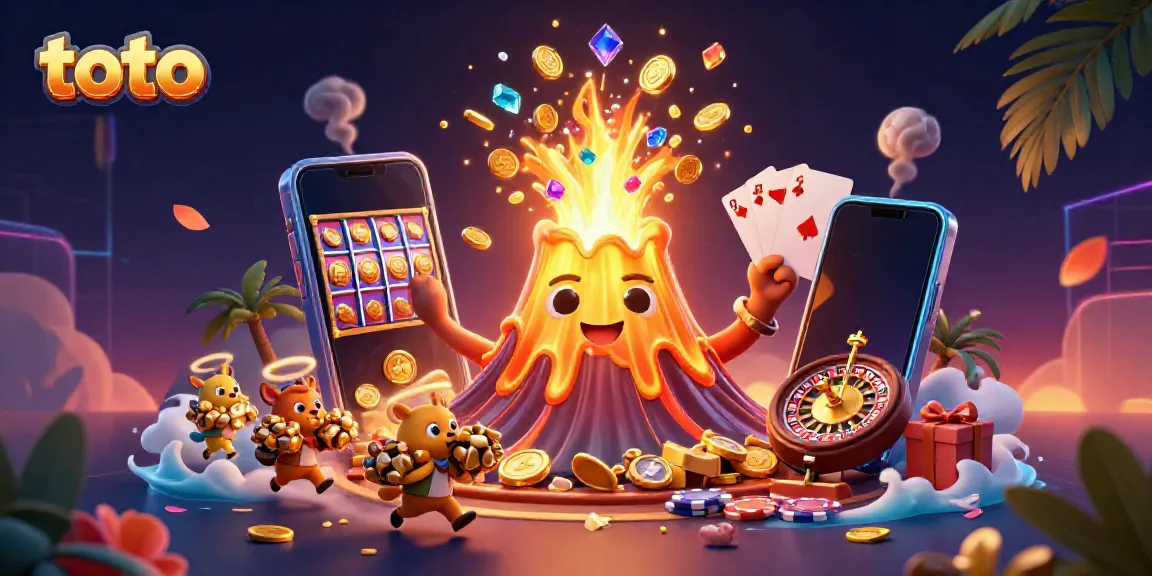 Experience the excitement of toto with a dynamic 3D scene featuring a golden volcano erupting coins and treasures.