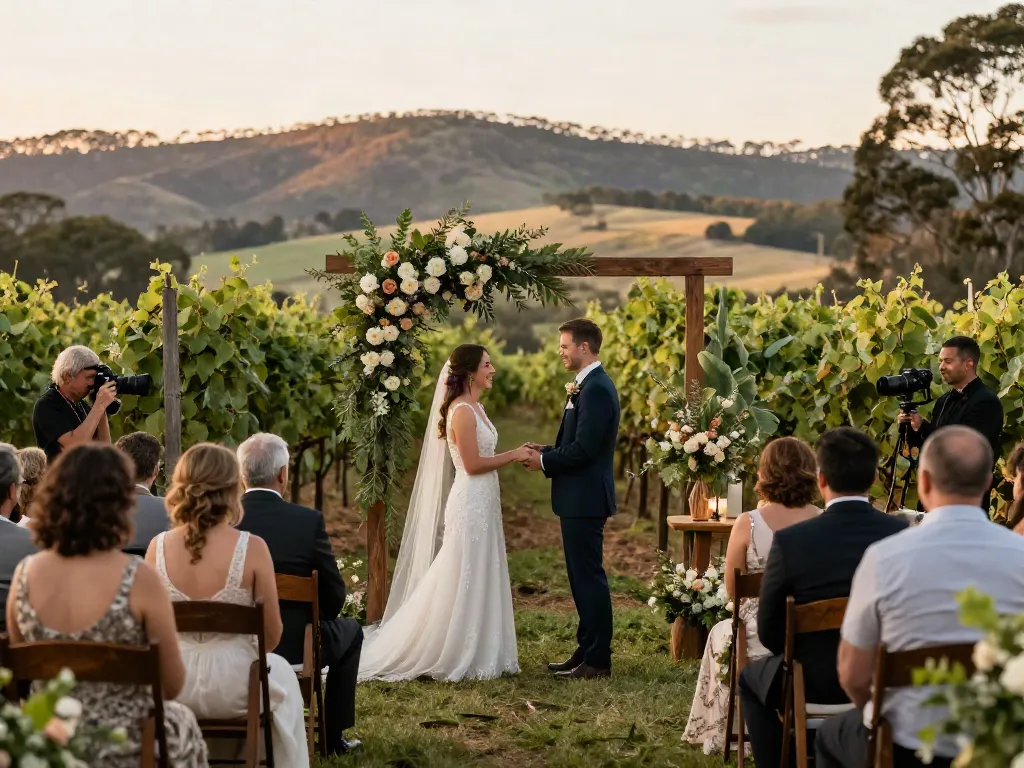 Best wedding photographer Hunter Valley capturing a couple's serene vineyard wedding ceremony.