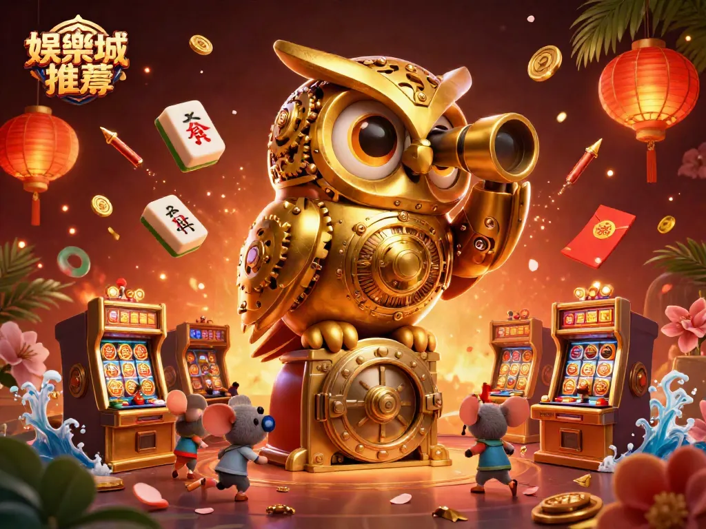 这幅画展示了娱乐城推荐中的黄金猫头鹰及滑鼠小角色在赌场中互动,非常精致且充满活力。