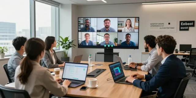Deepfake-protected meetings in a vibrant corporate office, showcasing teamwork and digital security.