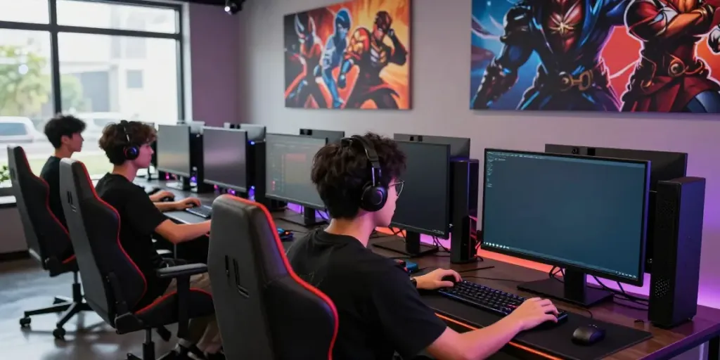 Luxury333 gaming players immersed in an interactive digital environment with modern setups.
