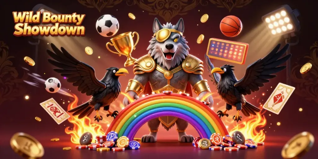 Play Wild Bounty Showdown with exhilarating characters and vibrant casino elements in this action-packed illustration.