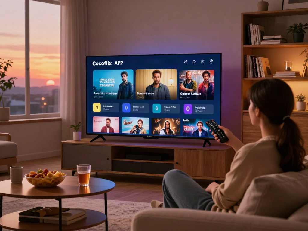 Cocoflix APK streaming on smart TV in a cozy living room with snacks.