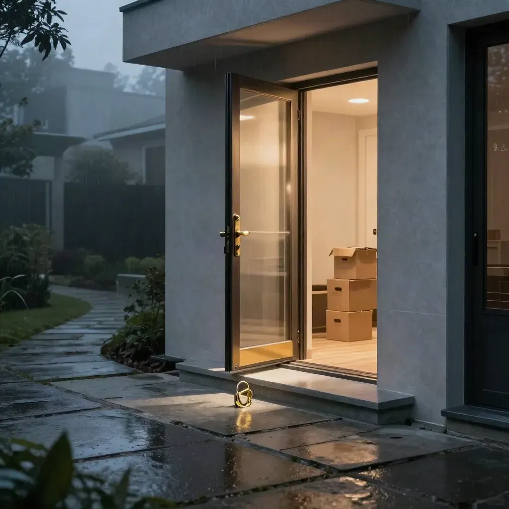 Open townhouse entry at blue hour with brass key ring, warm glow, rain sheen, and moving boxes.