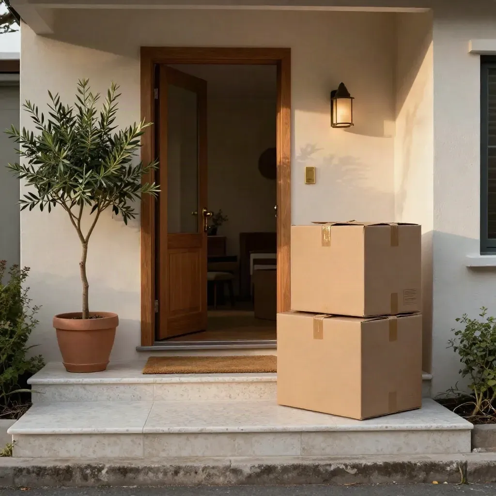 Starter home entry with kraft moving boxes, coir mat, and potted olive tree in warm late light.