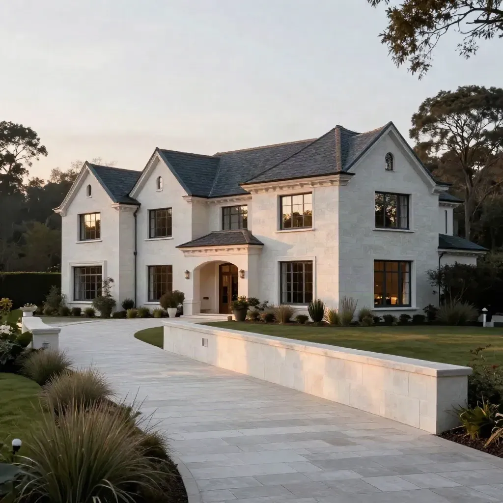 Grand estate home on a stone drive at dusk, roofline rimmed by the last sun.