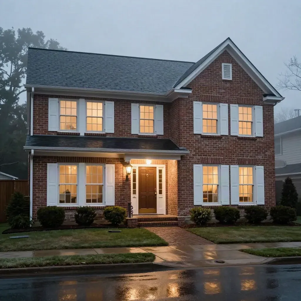 Dusk brick home with lit windows, brass porch hardware, and wet driveway in mist