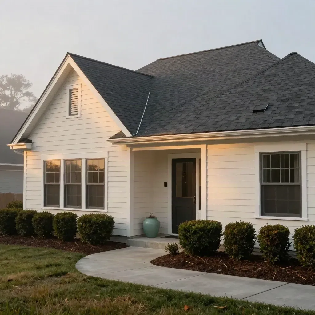Refreshed ranch home with new roof, trimmed hedges, and dawn fog lifting