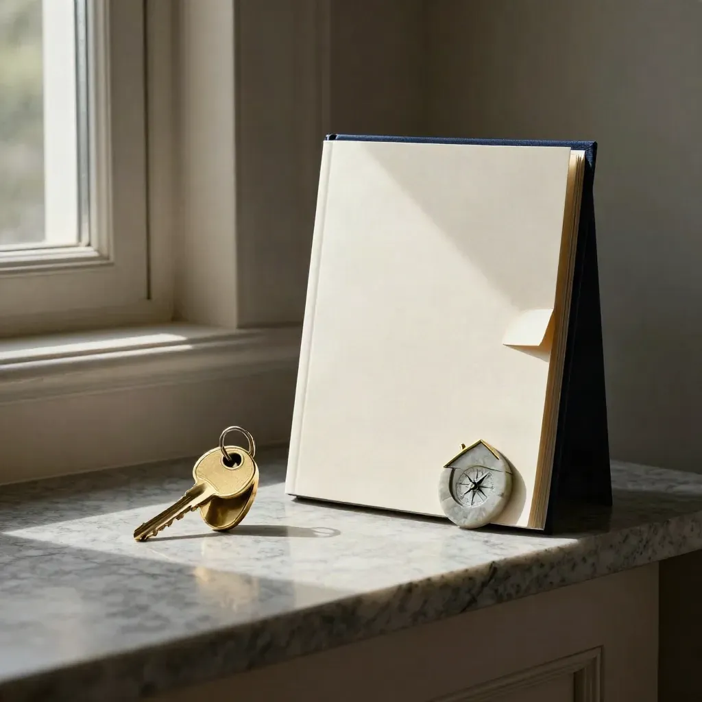 Brass key ring, pre-sale folder, and stone compass on a limestone ledge in soft window light