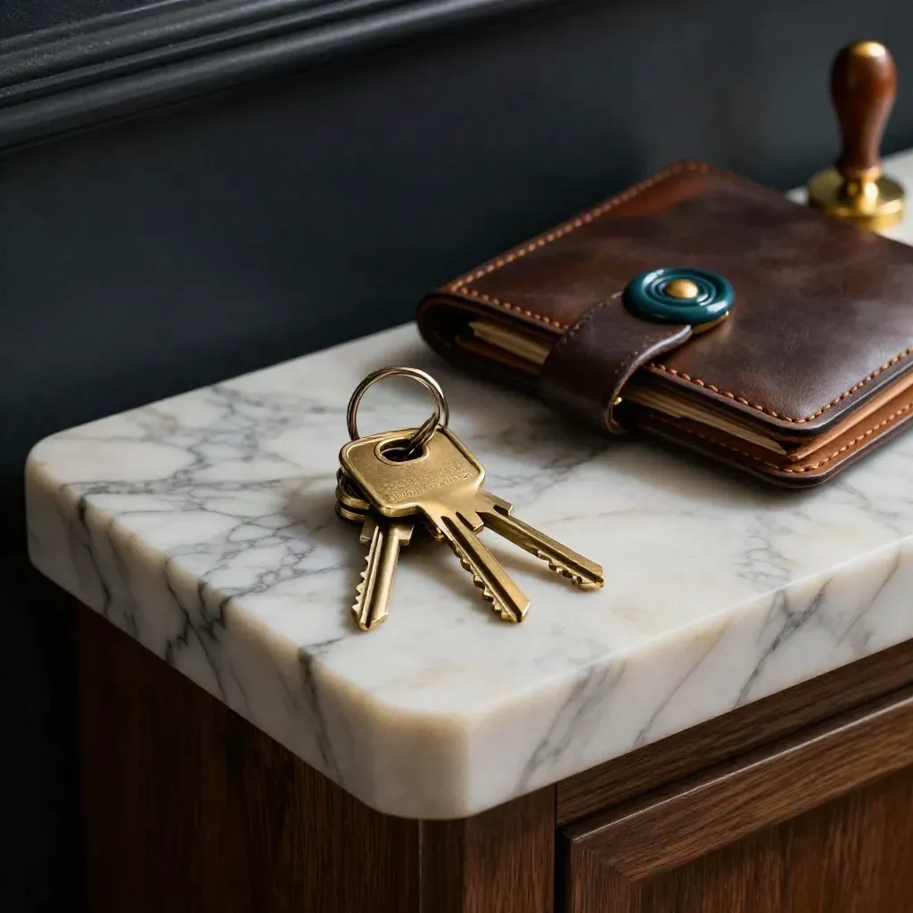 Brass keys, sealed file wallet, and stamp on a marble foyer console
