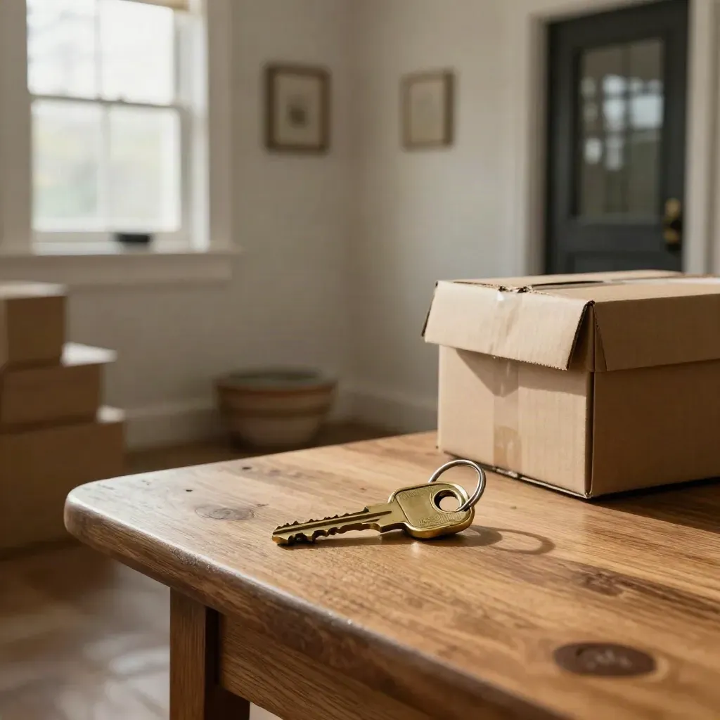 Brass house key beside kraft boxes on a warm entry table, lit by late-morning blinds.
