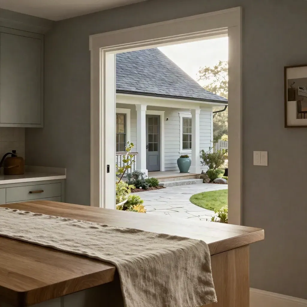 Sunlit renovated home seen from a kitchen counter, with fresh siding, roofline, and front walk.