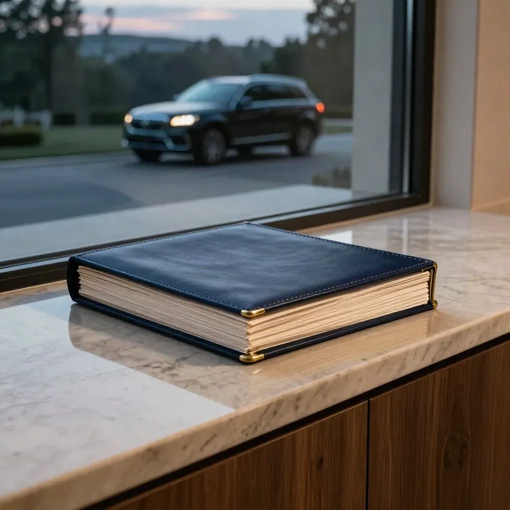 Navy mortgage folio on a console in a grand foyer with SUV reflection beyond.