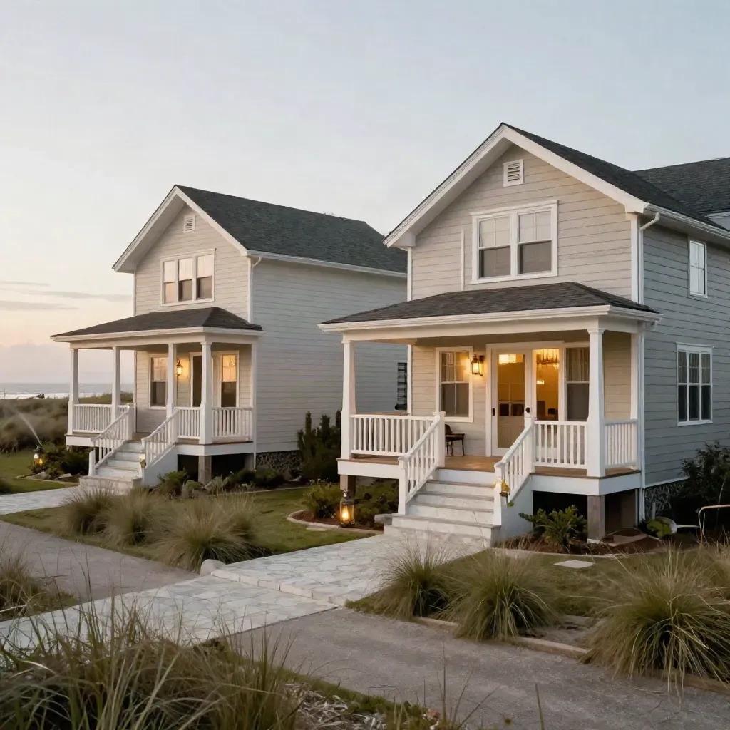 Two matching coastal rental homes in a diagonal row, lit and empty with fresh landscaping.