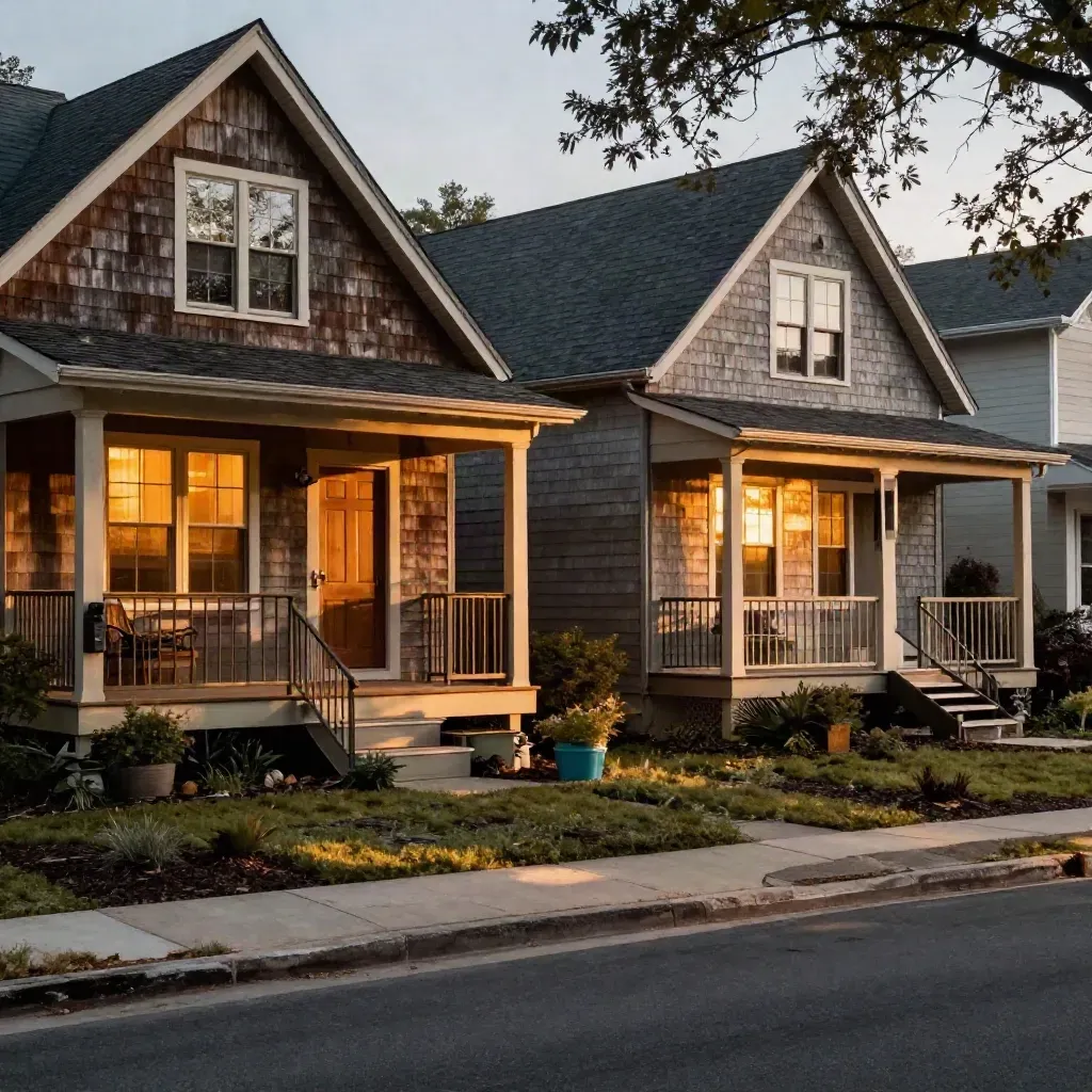 Two lit homes across a street, one sold and one new, linked by a diagonal curb-height view.