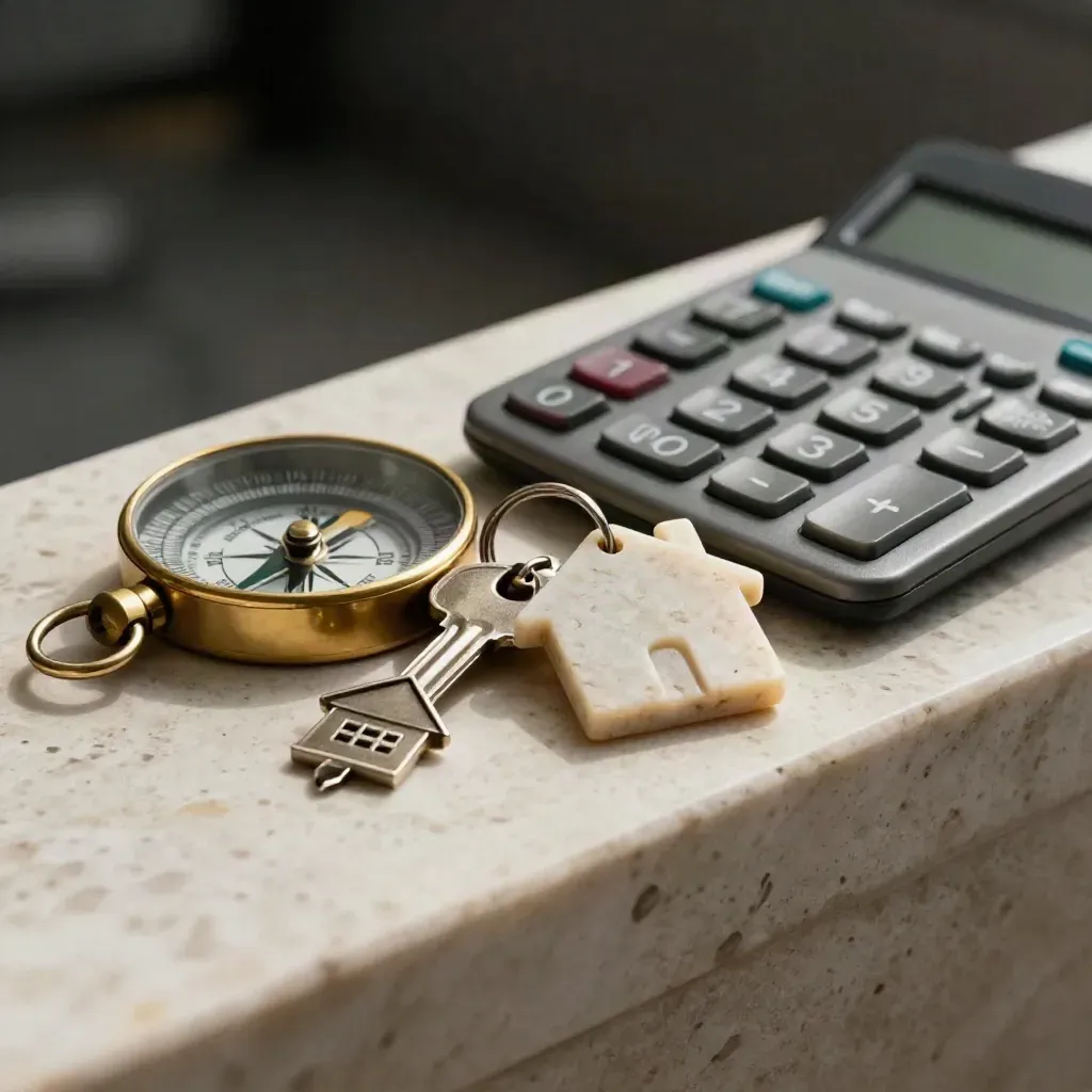 Macro mortgage planning still life with brass compass, key ring, house token and calculator on travertine.