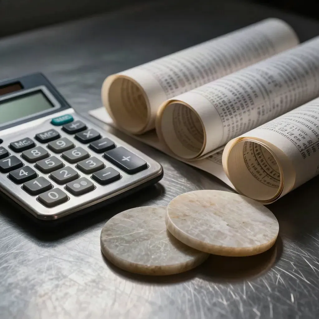 Calculator, rolled rate sheets and stone discs on a brushed metal desk in dramatic side light