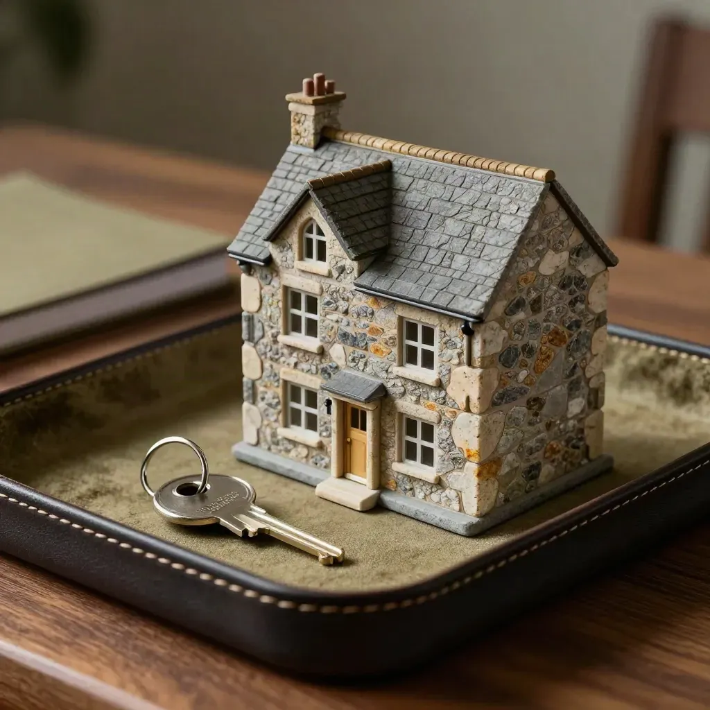 Stone house model, steel key, and leather tray in dramatic close-up