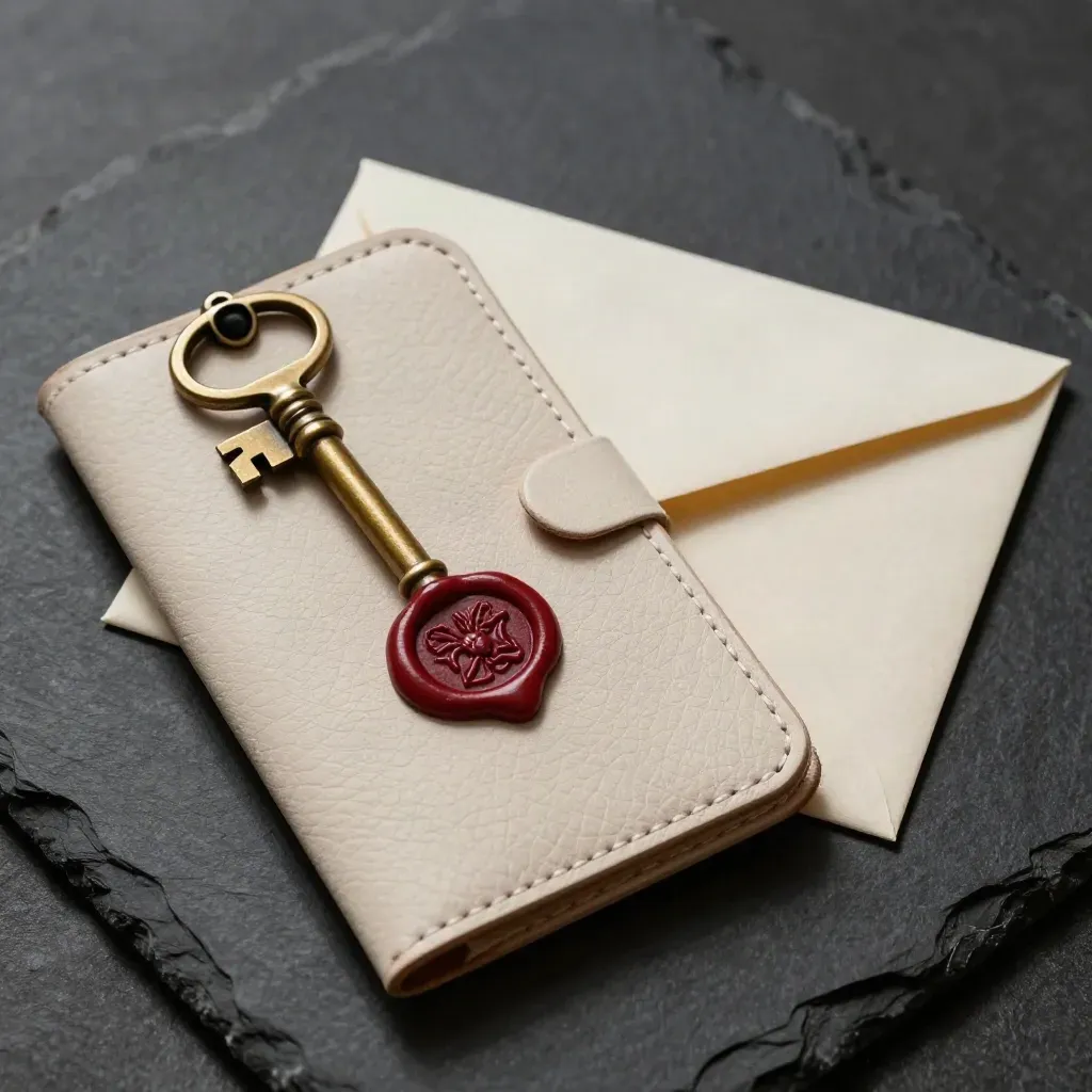 Closing wallet, brass key, wax seal, and envelope on dark stone in top-down light