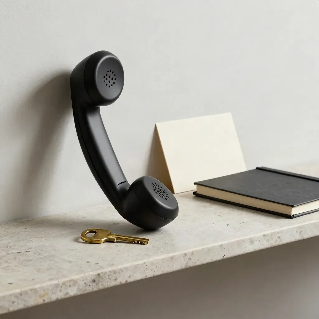 Matte black phone, brass key and closed notebook on a stone shelf beside a cream call card.