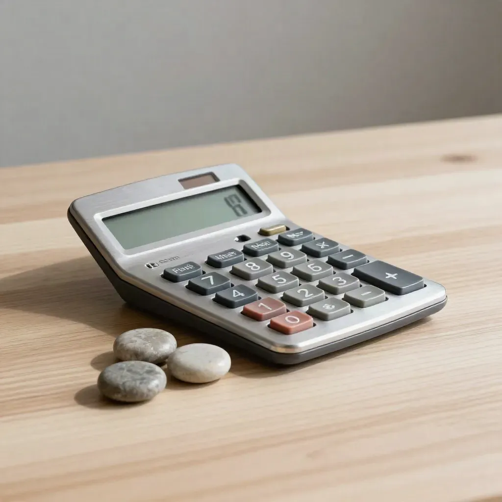 Top-down calculator, rate tokens and house keys on pale wood in a clean diagonal