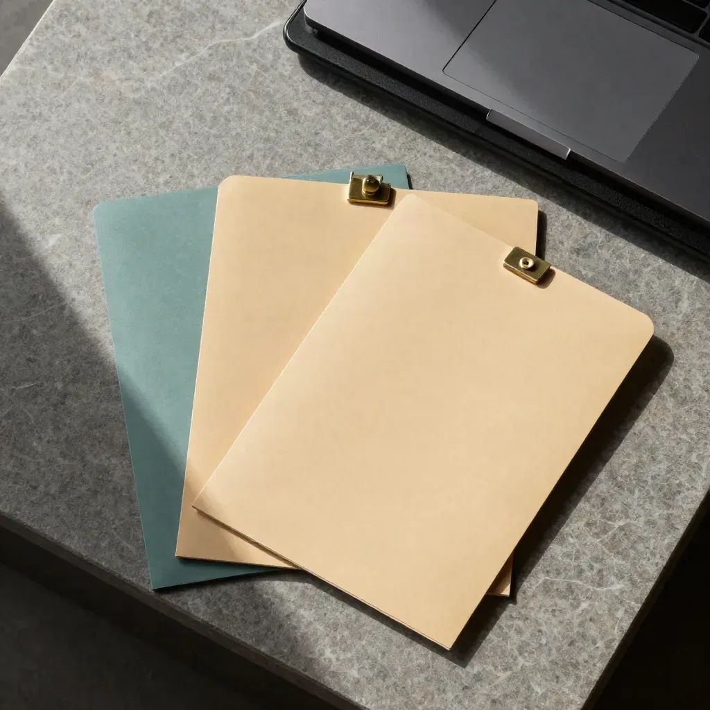 Top-down flatlay of mortgage file folders, a scanner lid, and a brass fastener on limestone.
