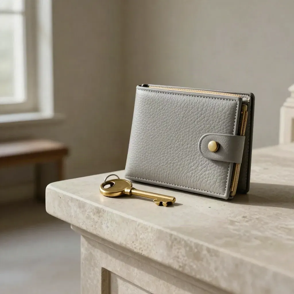 Brass keys, wax seal, and closed file wallet on a pale stone console in a soft foyer
