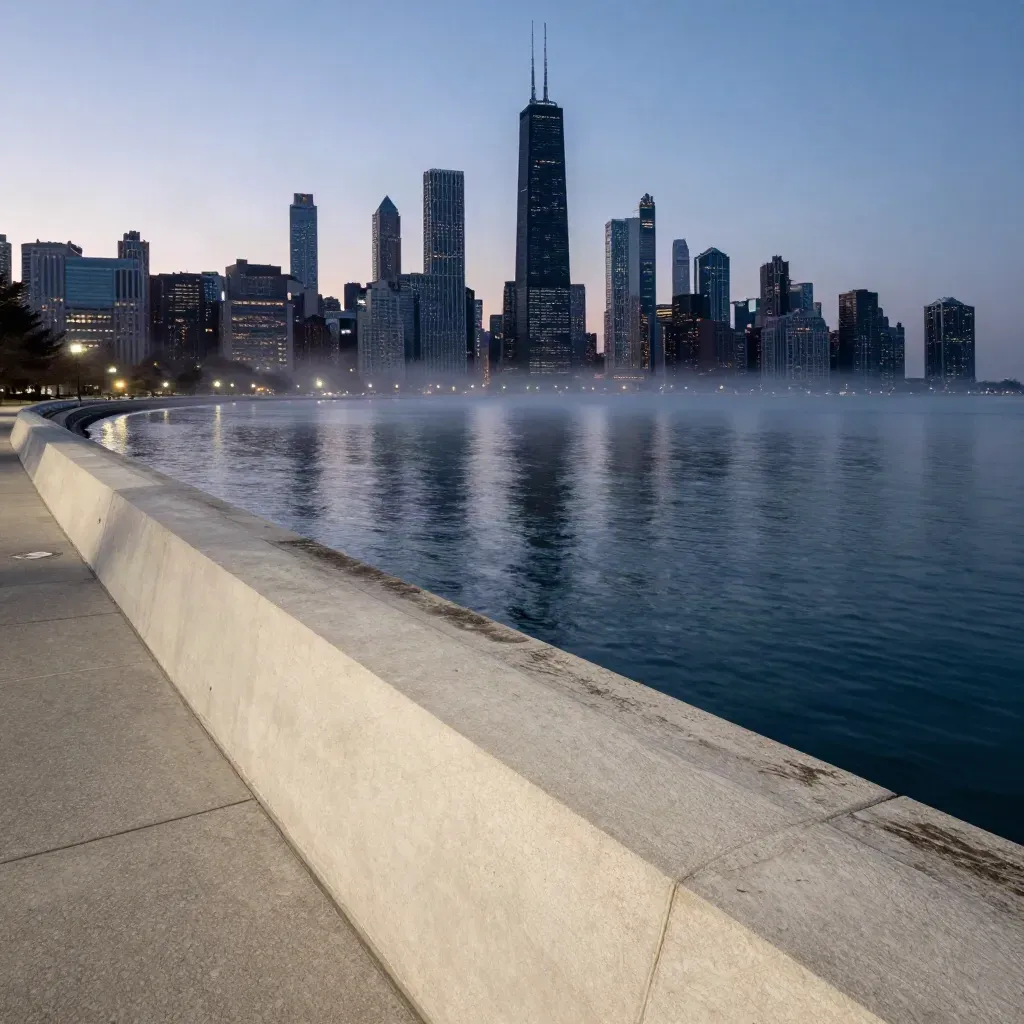 Chicago skyline over lakefront water at blue hour with mist and calm promenade foreground