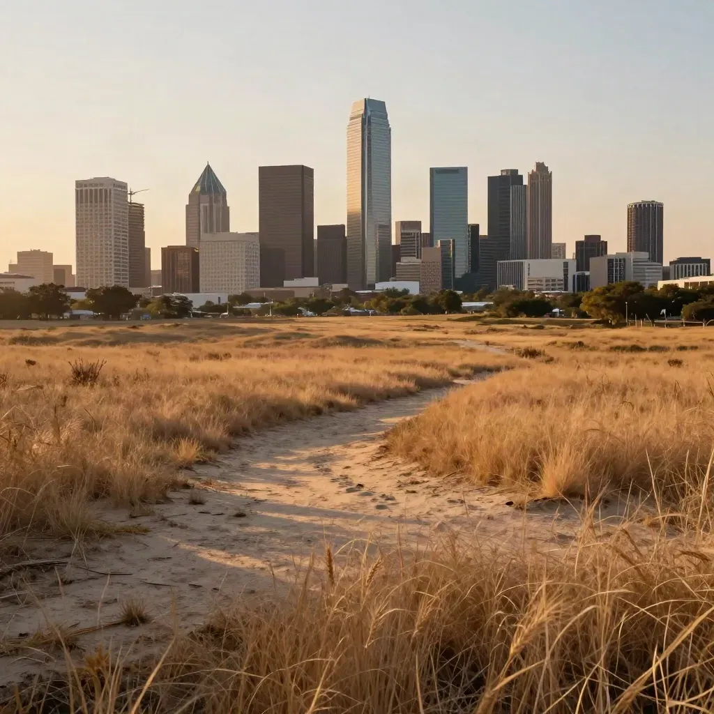 Dallas-Fort Worth skyline over golden North Texas prairie at sunset.