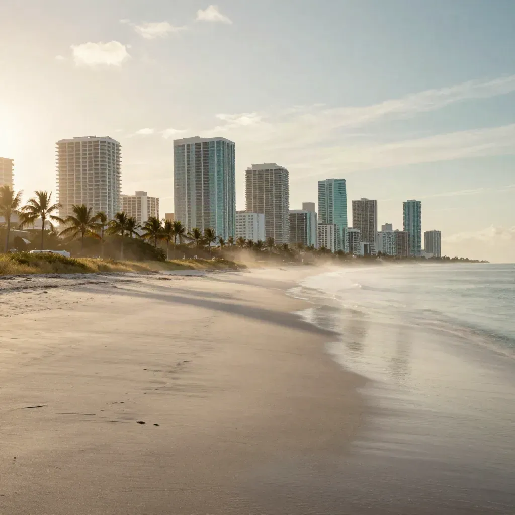 Sunrise over South Florida shoreline with palms, mist, and a distant coastal skyline.