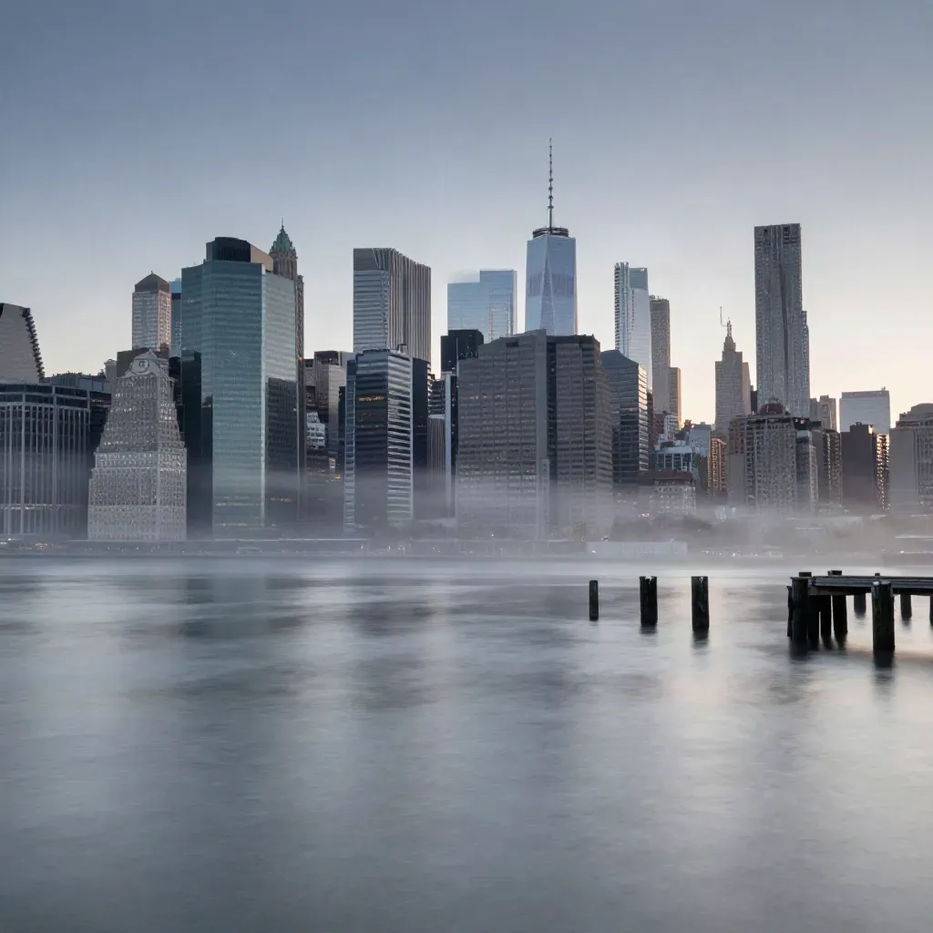 Dawn fog over the New York Metro skyline above a calm river and weathered piers.