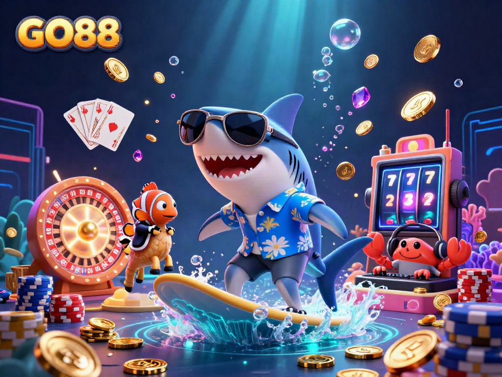 Catch the excitement at GO88 with a shark surfing on gold coins amidst dazzling casino games and vibrant characters.