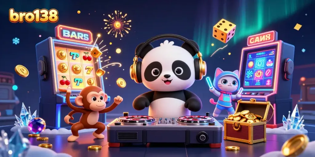 Experience victory at bro138 with vibrant characters celebrating casino wins amidst dynamic gaming elements.