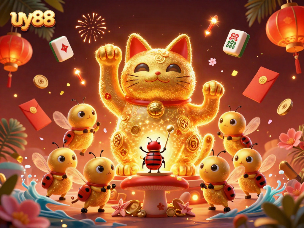 Experience the dynamic joy of uy88 with vibrant casino symbols, a lucky cat, and festive elements.