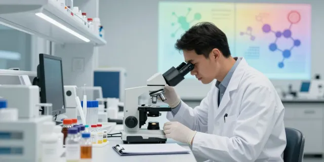 Researcher examining Epithalon peptides in a modern lab setting.
