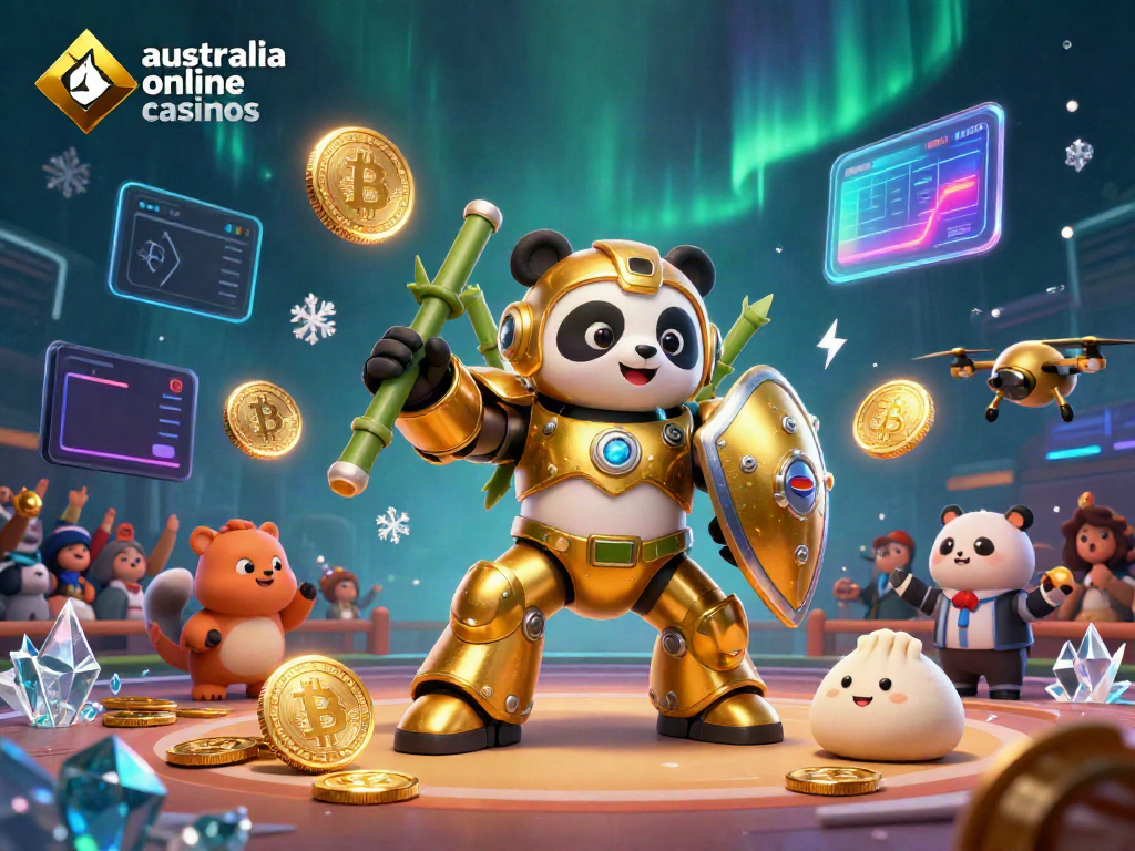 Engage with australia online casinos featuring a mech-suit panda in a thrilling gaming arena with digital elements.